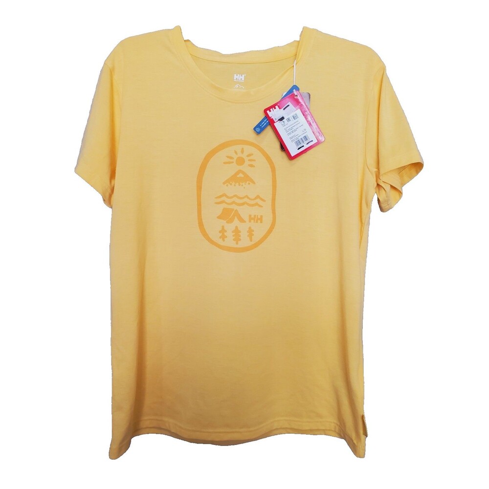 Helly Hansen Skog Recycled Outdoor Graphic Yellow Women's T-Shirt Size L NWT